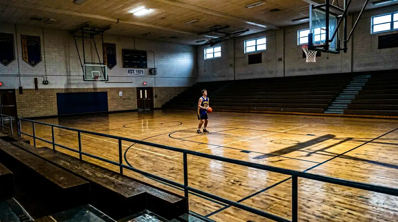 Free throw line in an empty high school gym