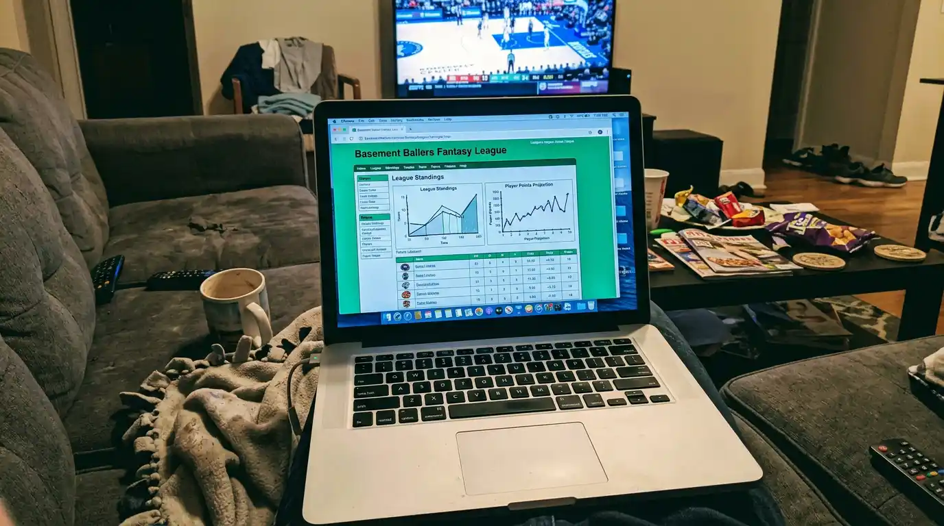 Laptop on a couch with fantasy charts