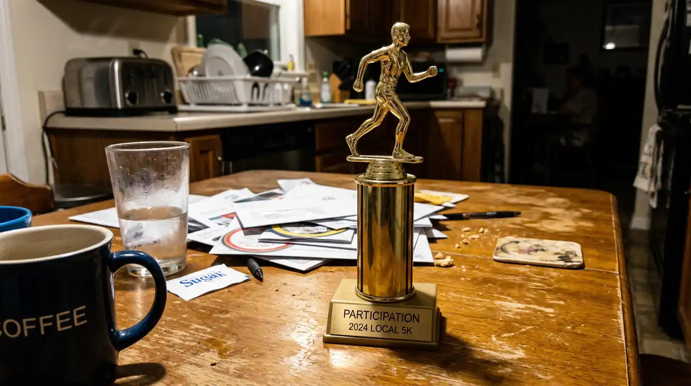 Plastic trophy on a home table under phone flash