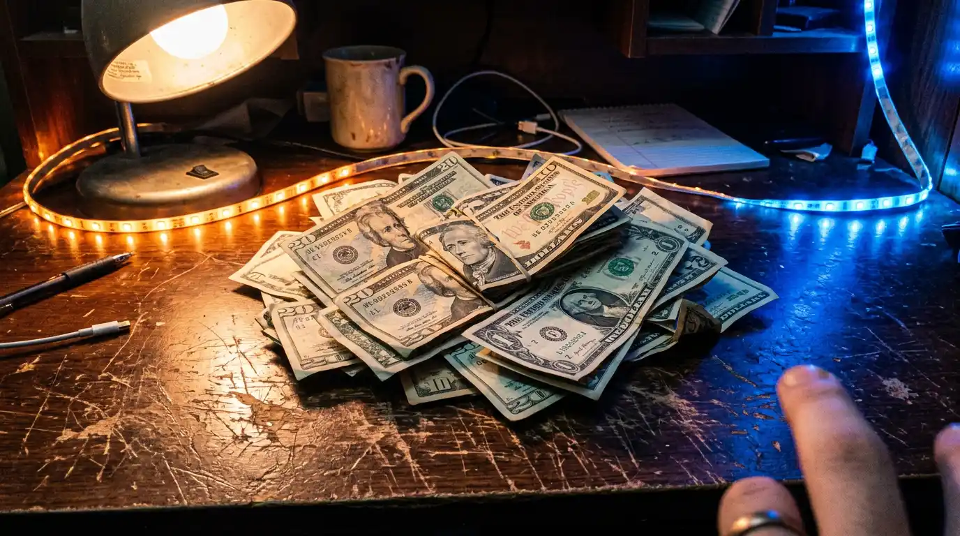 Messy stack of bills with odd lamp colors
