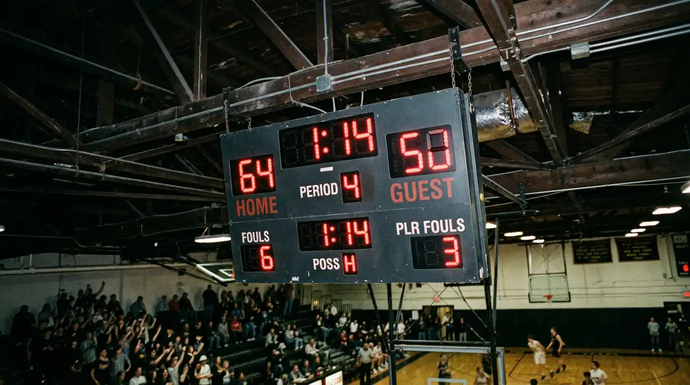 Old gym scoreboard LEDs at night
