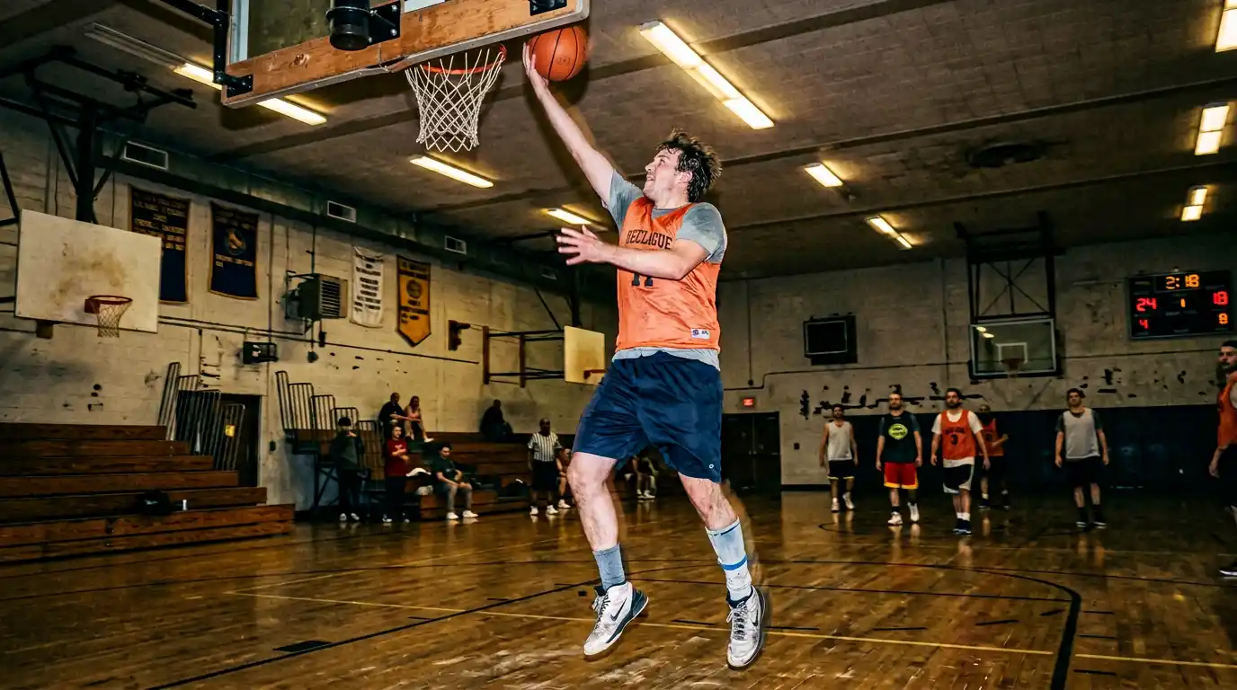 Casual pickup player going up for a layup in a rec gym
